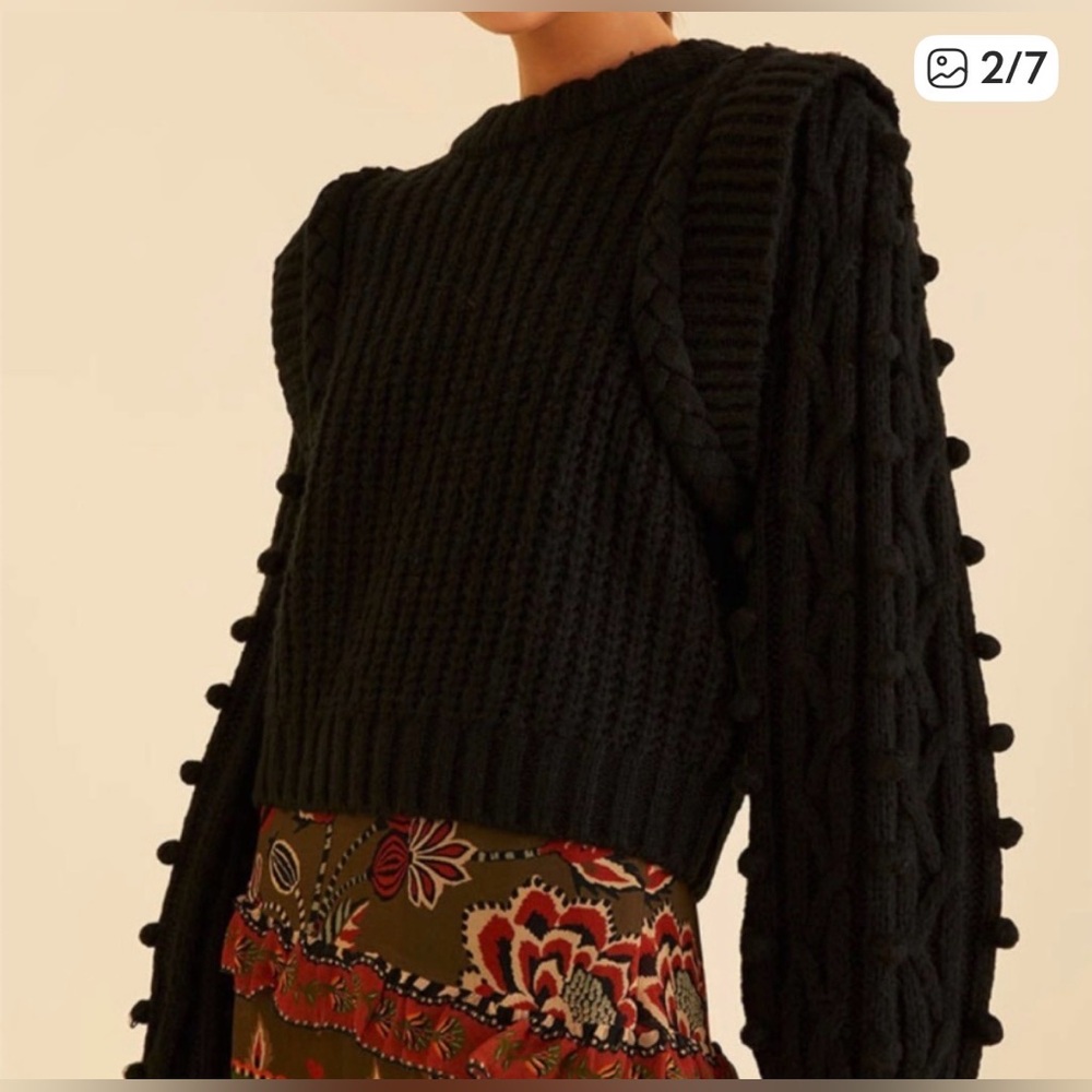 NEW! With Tags! Farm Rio Black Braided Sweater with pom-pom embellishments,Small - Picture 6 of 6